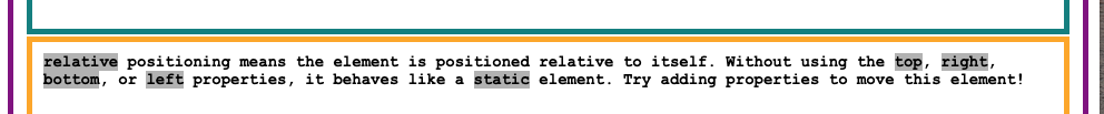 相对css位置的示例呈现。示例文本显示在黄色框中。