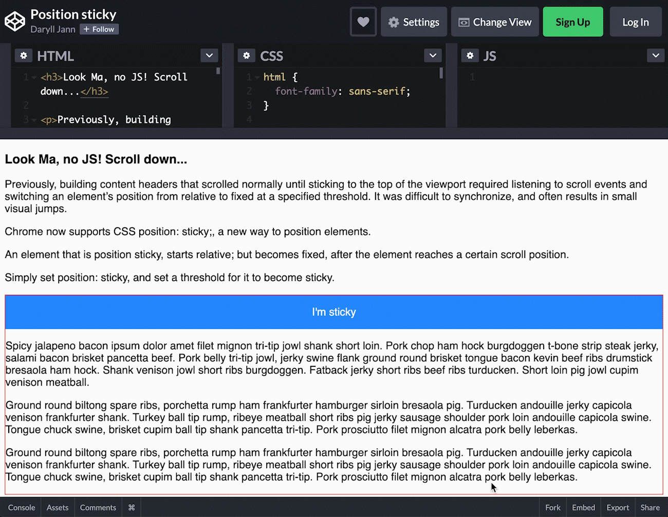 粘性css位置的示例呈现。示例文本显示在屏幕滚动时文本移动,而标题保持不变。
