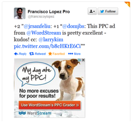 从WordStream的再营销广告与一只小狗在它上面说“我的狗吃了我的PPC！没有更多的借口糟糕的结果”