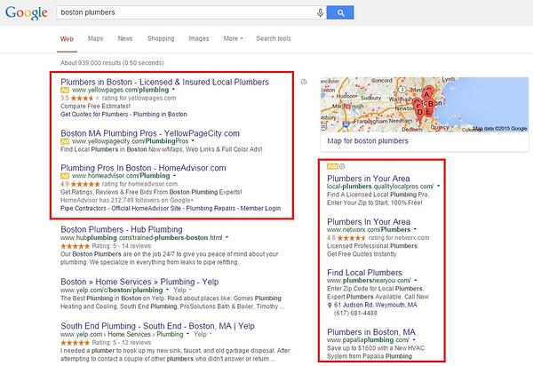 谷歌AdWords搜索引擎结果由Boston Plumbers