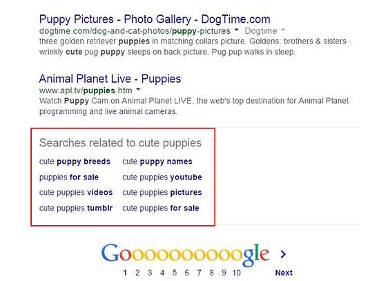 相关搜索在谷歌SERP的底部，上面写着“与可爱的小狗相关的搜索”和关键词建议