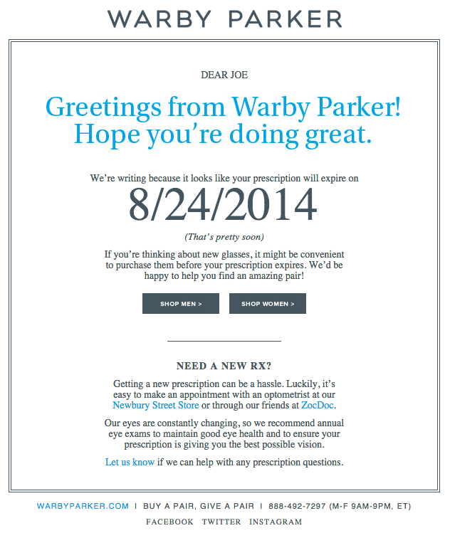 Warby Parker通知用户产品更新的电子邮件营销活动示例