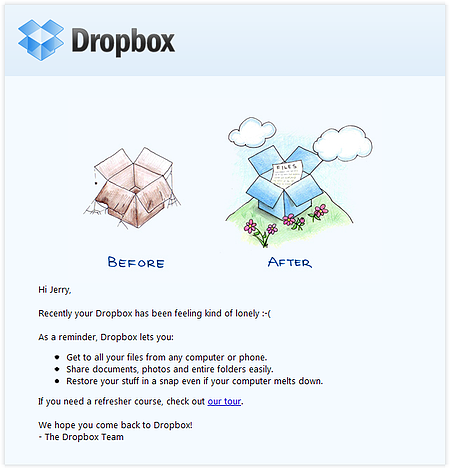 邮件活动例子:Dropbox——“最近你的Dropbox感觉有点孤独”