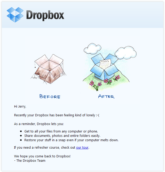 以Dropbox的电子邮件营销活动为例，试图重新吸引不活跃的用户