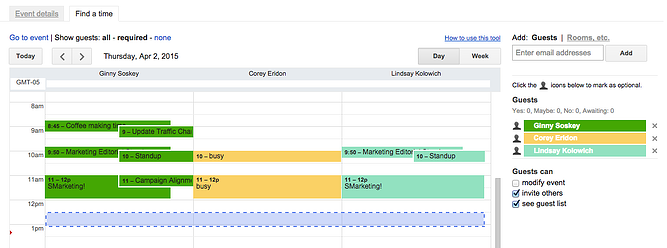 在Google Calendar中查找时间功能，其中包含三个活动的活动时间表