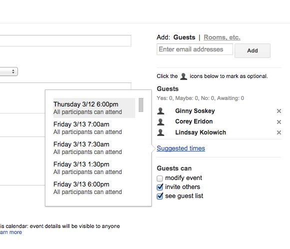 Google日历中的事件的建议时间列表