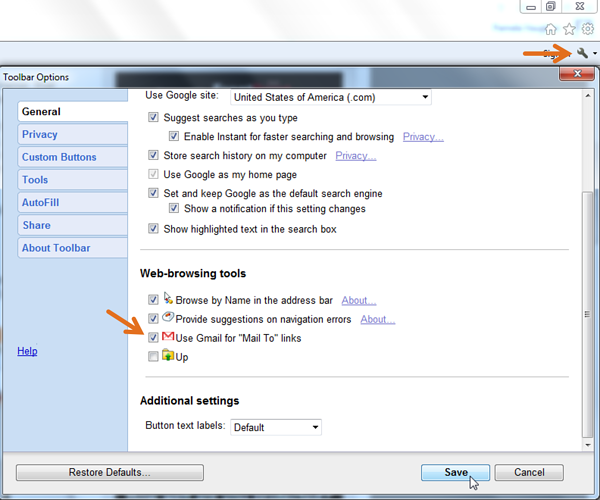 工具栏选项屏幕使Gmail默认电子邮件客户端用于Internet Explorer中的邮件“width=