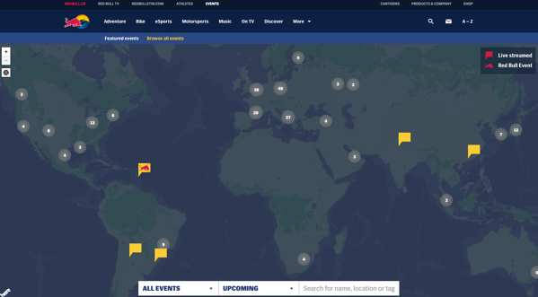 显示极端体育事件的全球地图的红牛网站