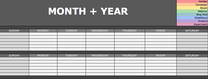 Excel中的社交媒体内容日历与颜色编码每天的类型和插槽