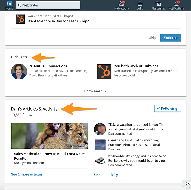 LinkedIn的界面显示亮点和文章和活动