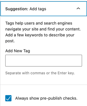 通过在“添加新标记”框中的标记名称中键入标记标题，将标记添加到WordPress博客中