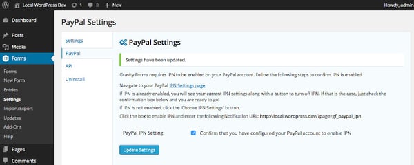 在PayPal插件中启用WordPress插件中的PayPal设置，用于重力表单