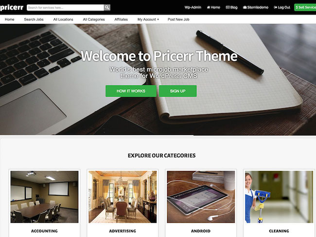 Pricerr WordPress Marketplace主题主页具有标语、电脑屏幕和主题布局的示例