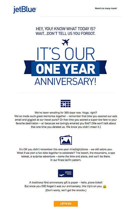 电子邮件营销活动例子:捷蓝航空——“这是我们的一周年纪念日”