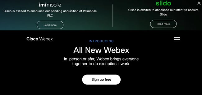 Webex Website with a dark black and green background and text that reads Introducing All New Webex Sign up free