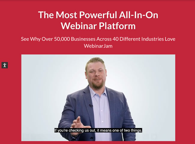 WebinarjamWebsite homepage that has a bright red background and shows a man hosting a webinar. Text says The most powerful all-in-on webinar platform