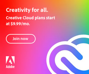 Adobe Creative Cloud显示广告，文字为“所有人的创造力”和一个按钮，告诉人们“现在加入”