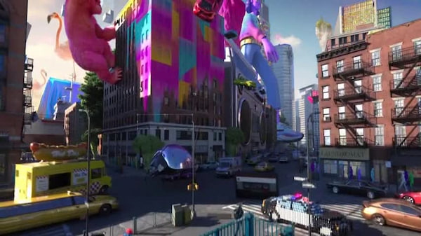 Adobe电视广告的截图，3d渲染的城市浸透了Adobe的标志性颜色