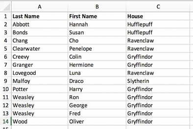 哈利波特名称和房屋的字母顺序的电子表格在Excel