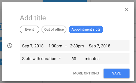 蓝色按钮在Google Calendar活动中启用约会插槽功能