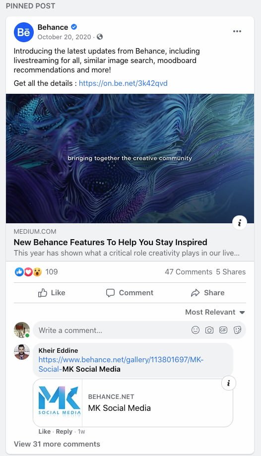 Behance固定Facebook帖子宣布其新功能
