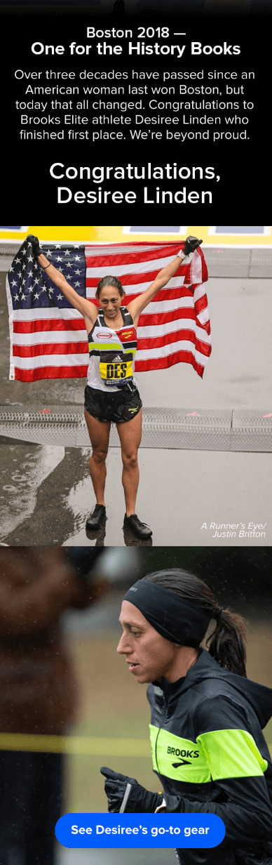 布鲁克斯体育（Brooks Sports）以Desiree Linden的2018年波士顿马拉松胜利为特色的电子邮件营销活动示例