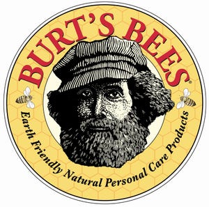 burt's bees标志的品牌标识示例，中间有一个留胡子的男人，有两只蜜蜂，商业名称上有红色字母