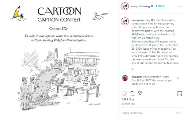 来自《纽约客》的Instagram标题竞赛:“在下面的评论中提交你的标题，并带上#我的纽约人标题标签。”