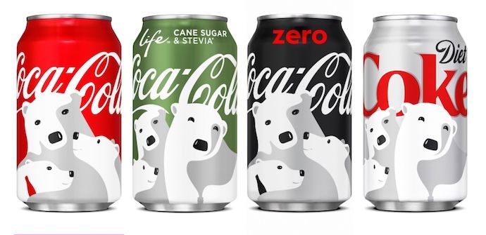 可口可乐的标志设计，在四种不同的彩色罐头上具有多功能展示位置。