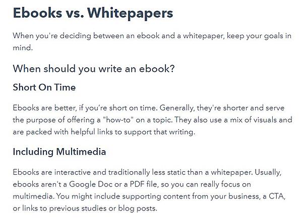 举例说明电子书和白皮书之间的区别，以及何时适合使用