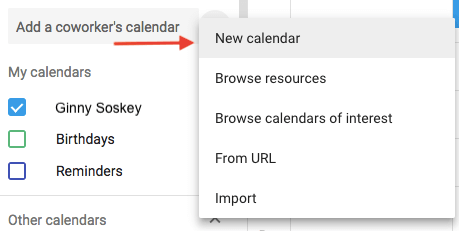 在谷歌日历中创建新日历的下拉菜单