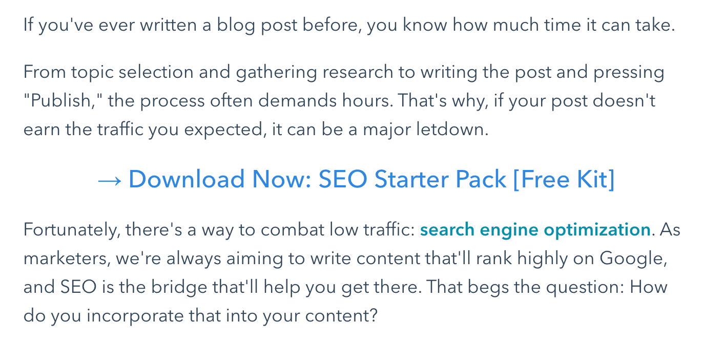 SEO Starter Pack CTA在Hubspot博客帖子中的示例