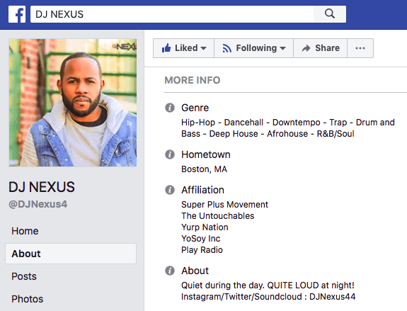 DJ Nexus在Facebook上的专业生物