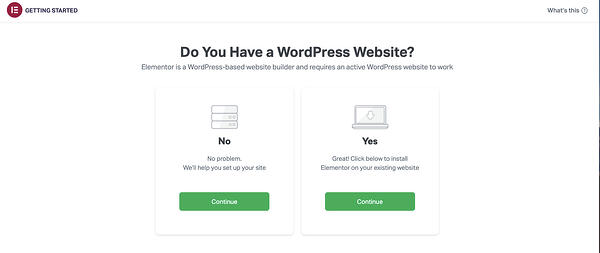 Elementor安装向导询问“你有WordPress网站吗?”