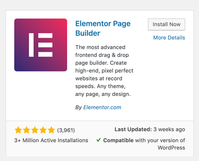 WordPress插件库中的Elementor插件卡，带有“立即安装”按钮