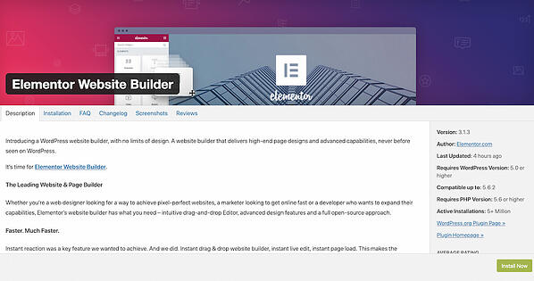 WordPress插件库中的Elementor插件页面，标题为“Elementor Website Builder”