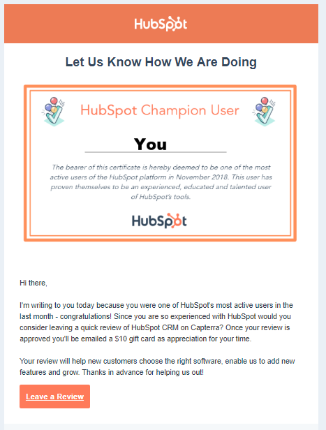 HubSpot要求客户留下评论的模板邮件。＂width=