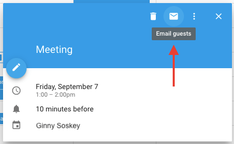 在Google日历活动中的信封图标，以电子邮件为会议提供电子邮件