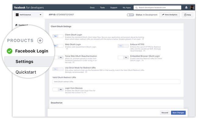 Facebook开发者仪表板上的Facebook登录设置