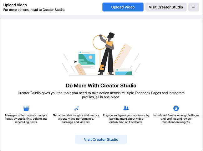 Facebook Creator Studio的一个蓝色按钮，上面写着“上传视频”