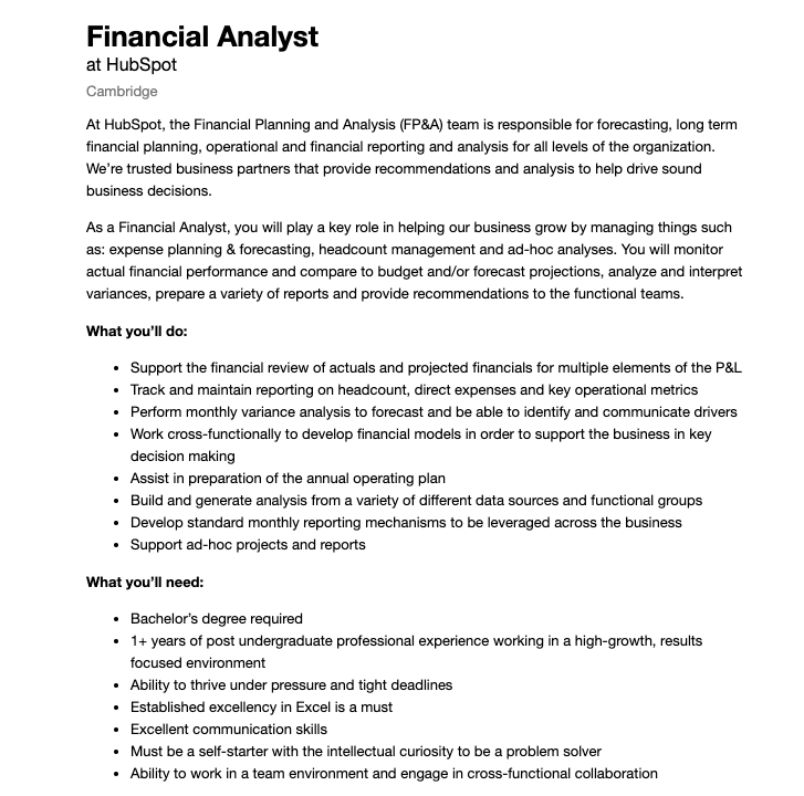财务 - 分析师 - 职位描述