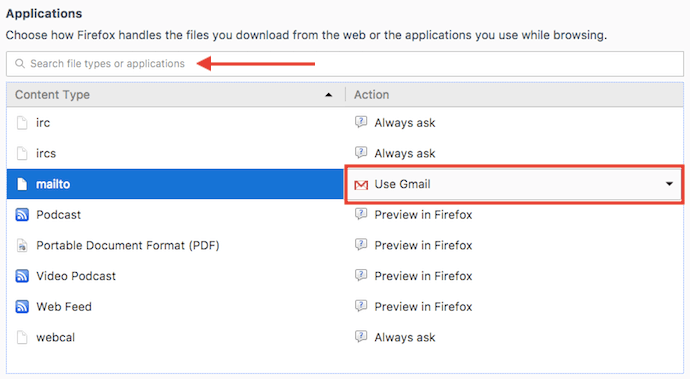 在Firefox的“常规设置”中带有“邮件到默认邮件”选项的“应用程序”菜单“width=