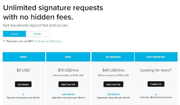 来自hellosign的免费试用例子是“无限的签名请求，没有隐藏费用”，有四个定价层，一个是免费的，两个提供免费试用