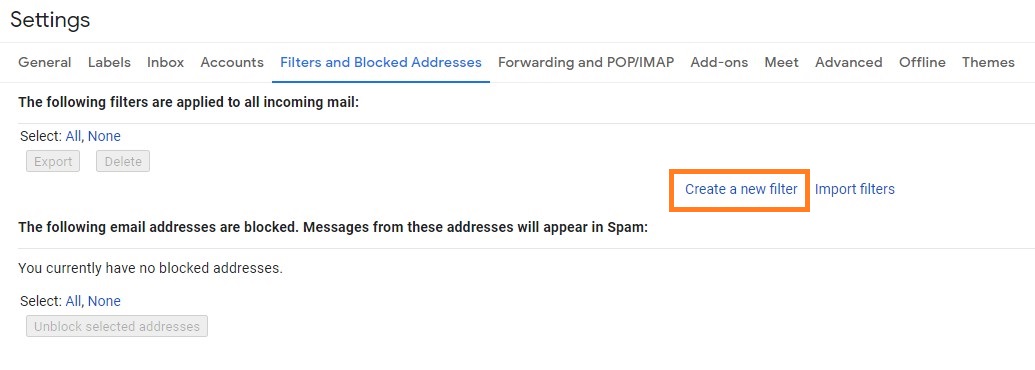 Gmail在过滤器上创建过滤器并阻止地址页面