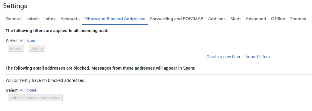 Gmail过滤器和屏蔽地址页面