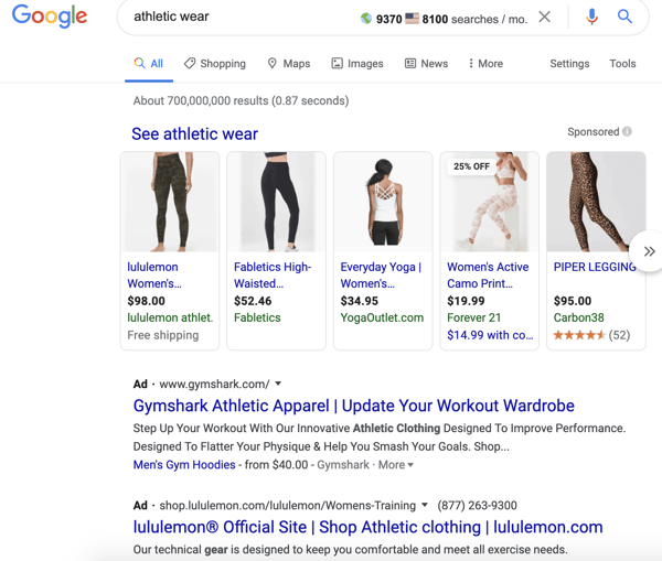 谷歌为查询“运动服”付费结果。