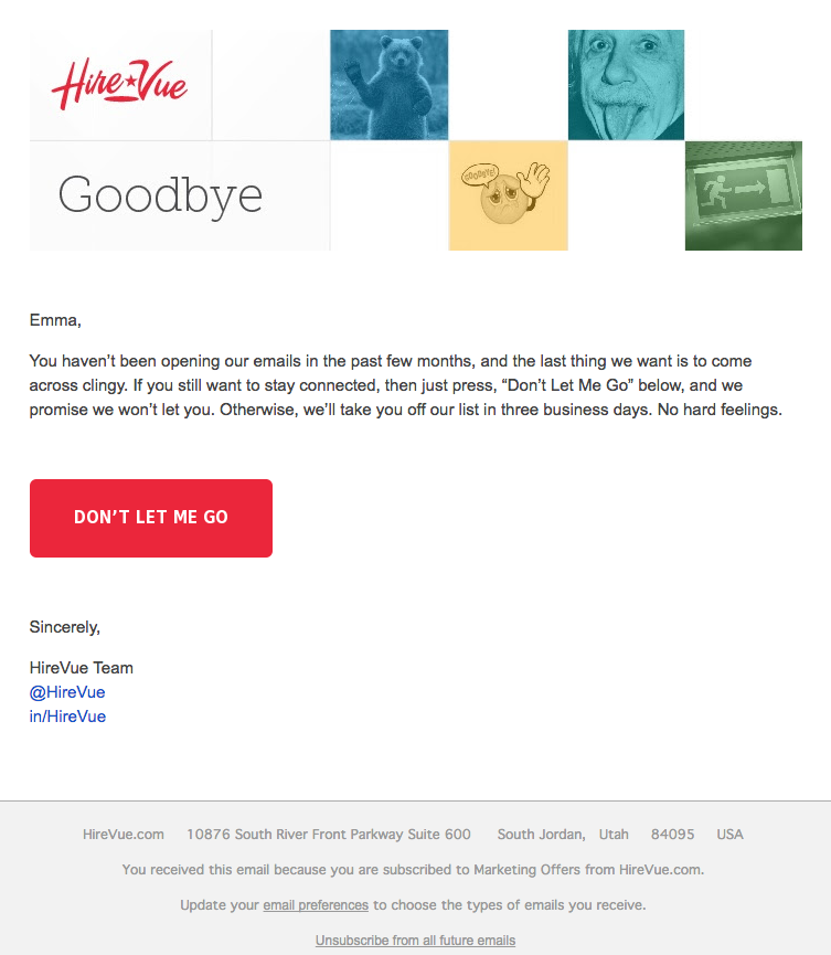 HireVue的电子邮件营销活动的例子关注的是客户保留