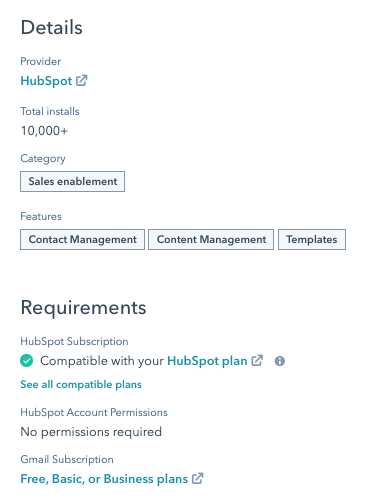 Hubspot App Marketplace内的应用详细信息