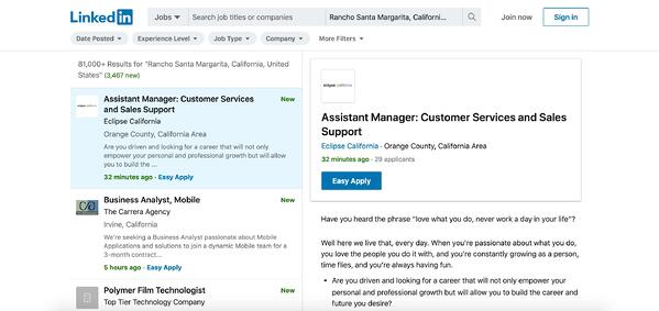 LinkedIn的求职板，你可以用它来根据经验、工作类型和公司进行筛选。raybet电子竞技
