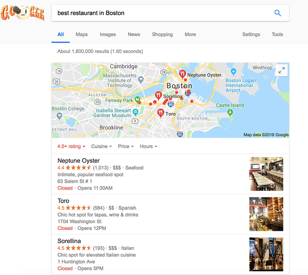 示例谷歌结果页面最佳餐厅在波士顿